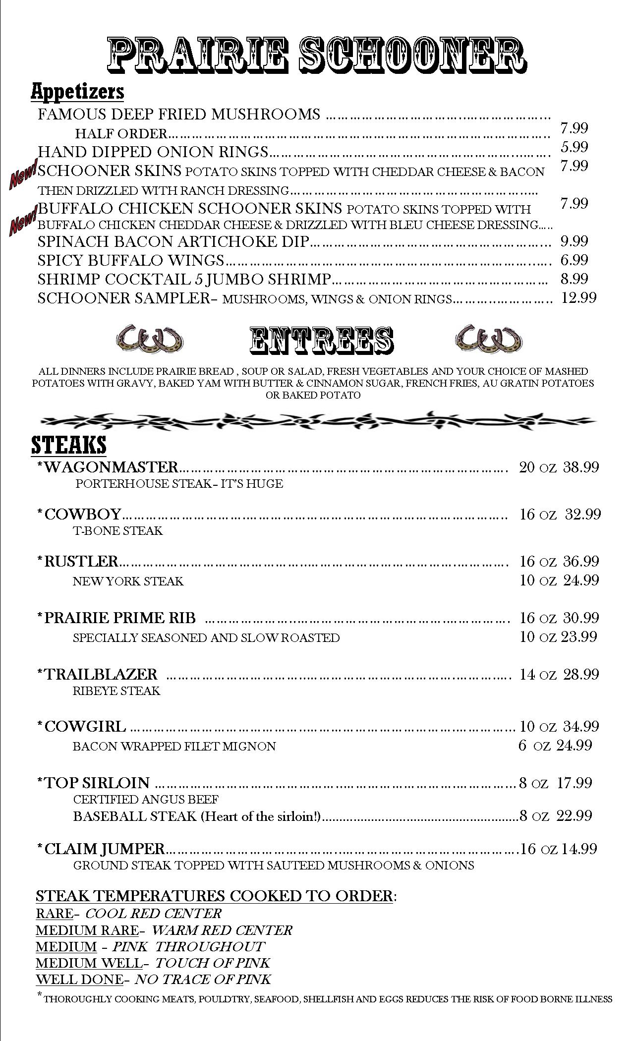 Prairie Schooner Dinner Menu