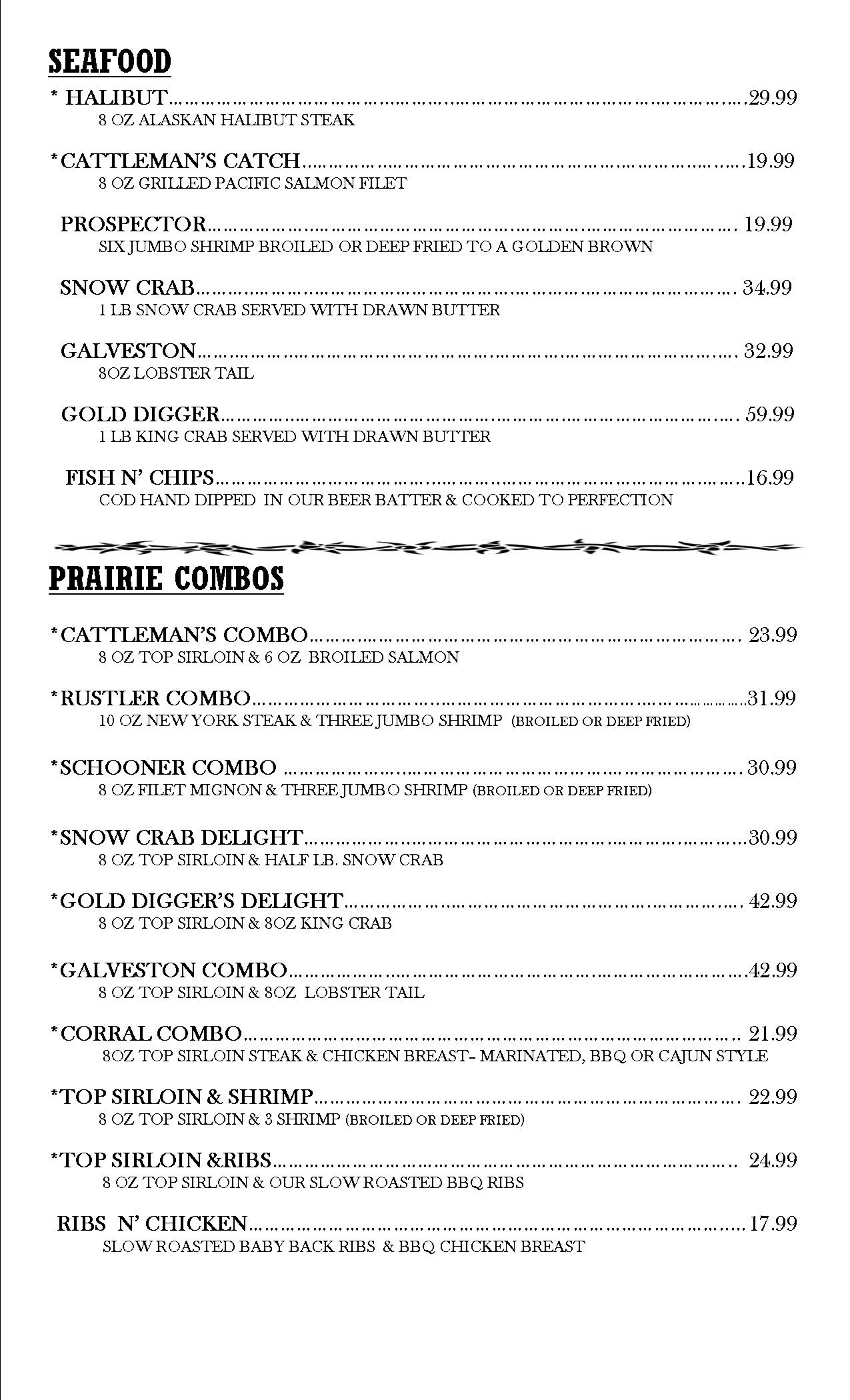 Prairie Schooner Dinner Menu