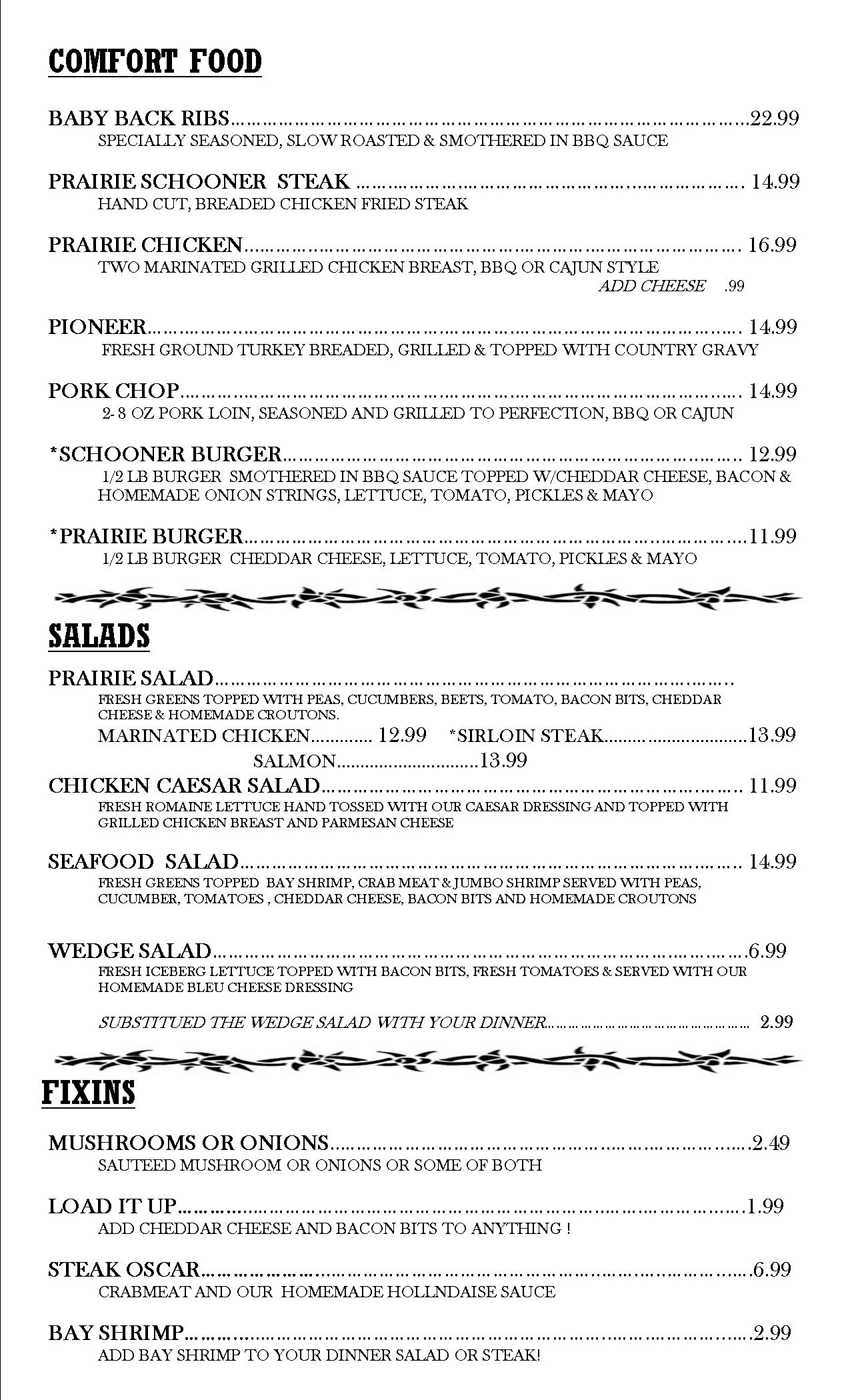 Prairie Schooner Dinner Menu