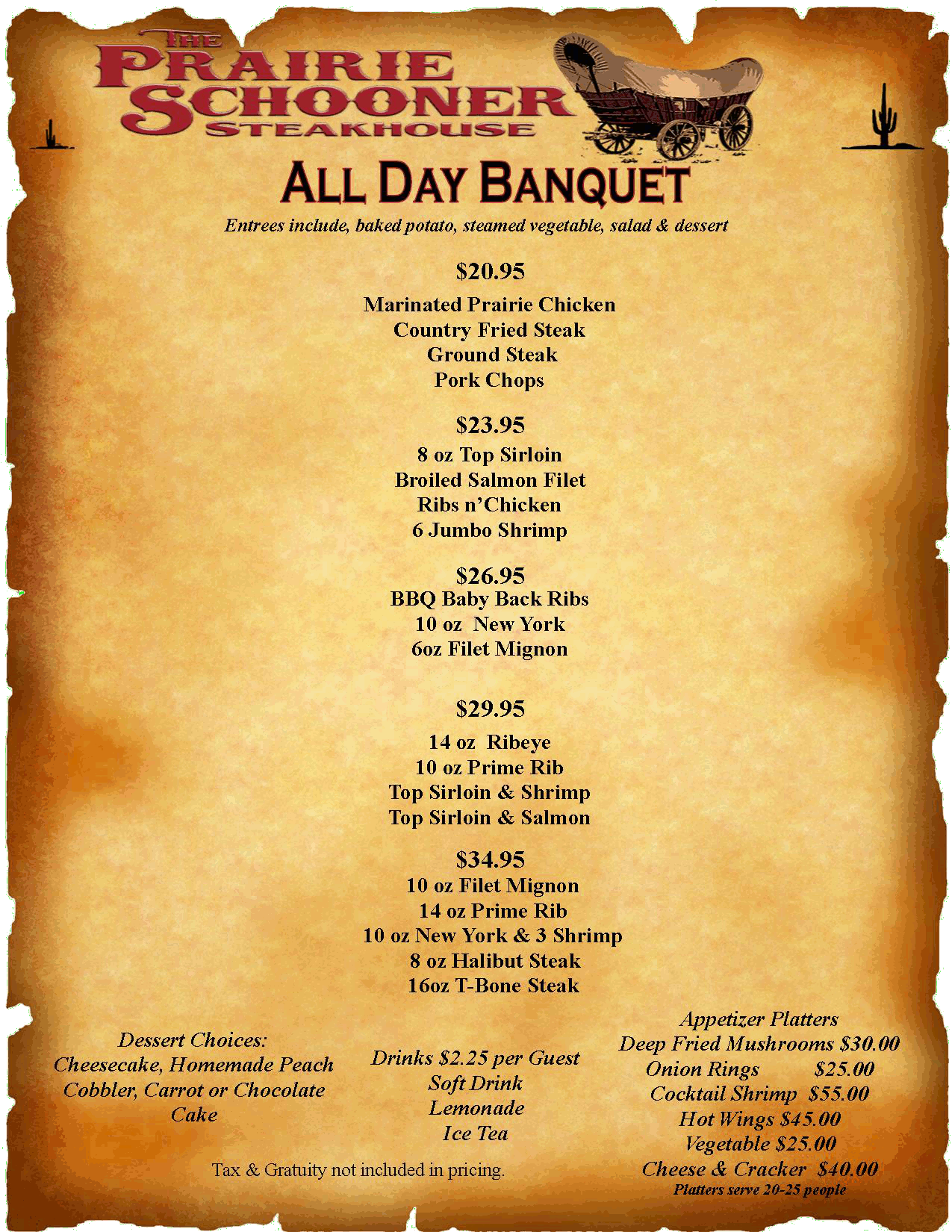 Prairie Schooner Banquet Menu