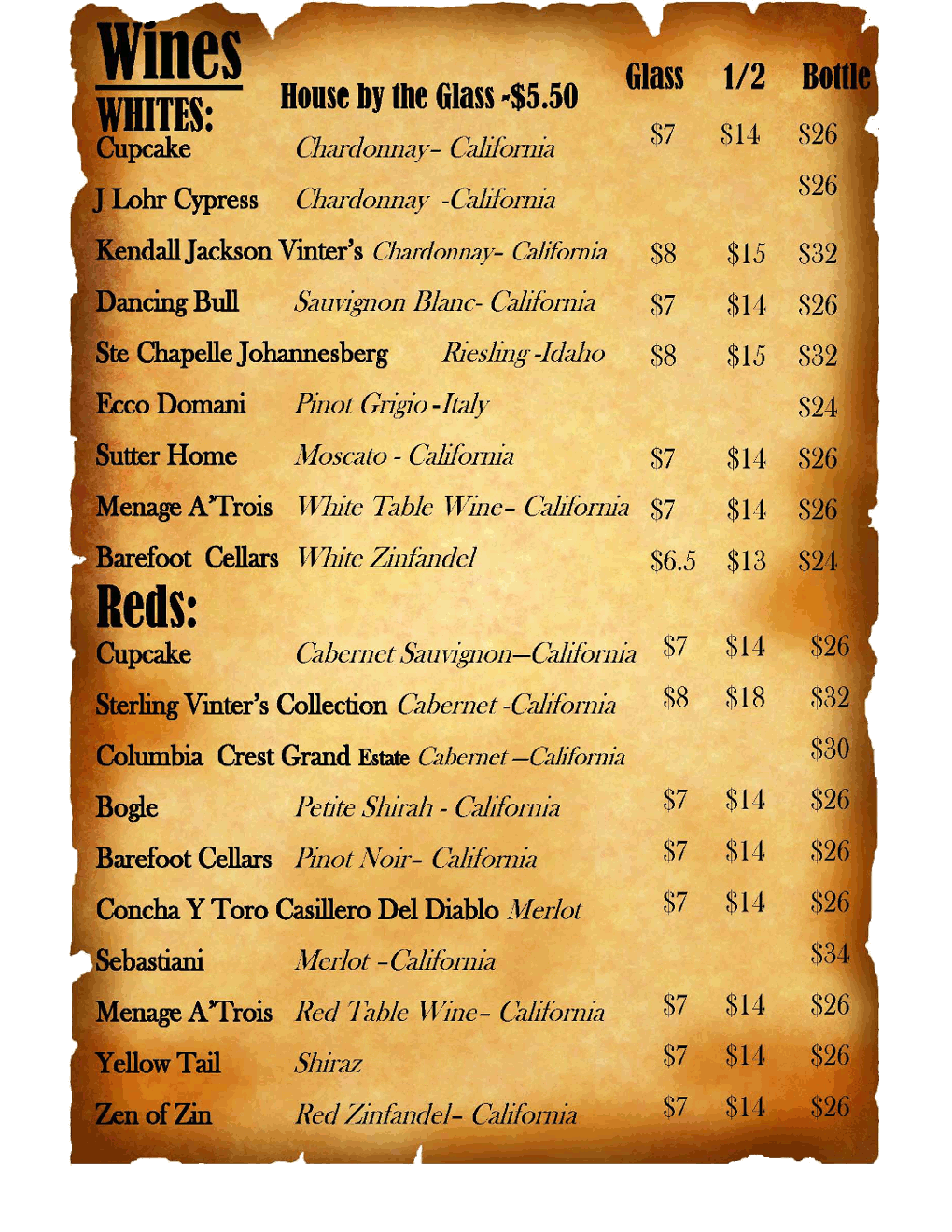 Prairie Schooner Wine Menu